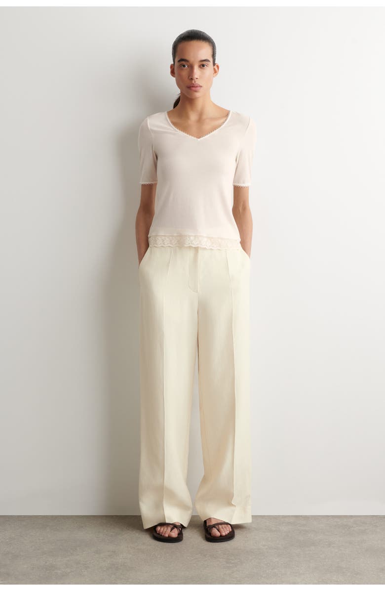 COS Lace-Trimmed Ribbed V-Neck T-Shirt, Alternate, color, White