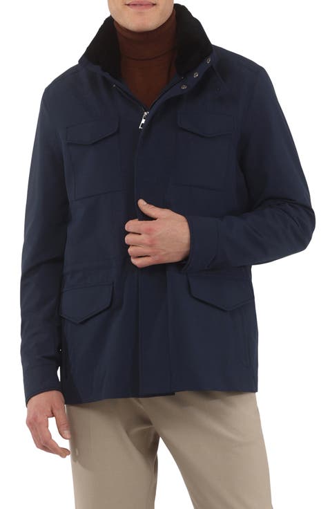 Mens Storm System Lined Jacket W/ Det. Genuine Shearling Collar, Concealed Hood