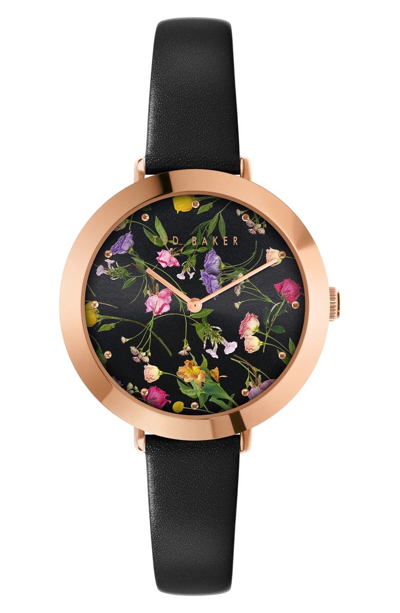Ted Baker Ammy Floral Leather Strap Watch, 34mm, Main, color,