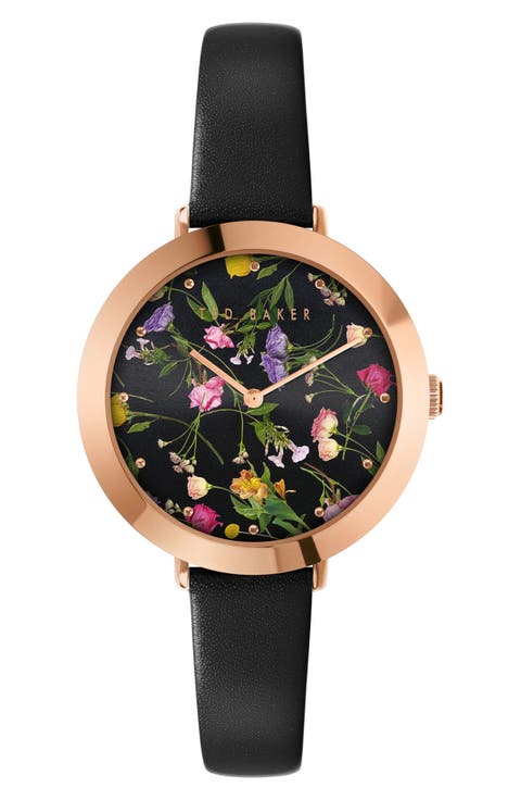 Ammy Floral Leather Strap Watch, 34mm