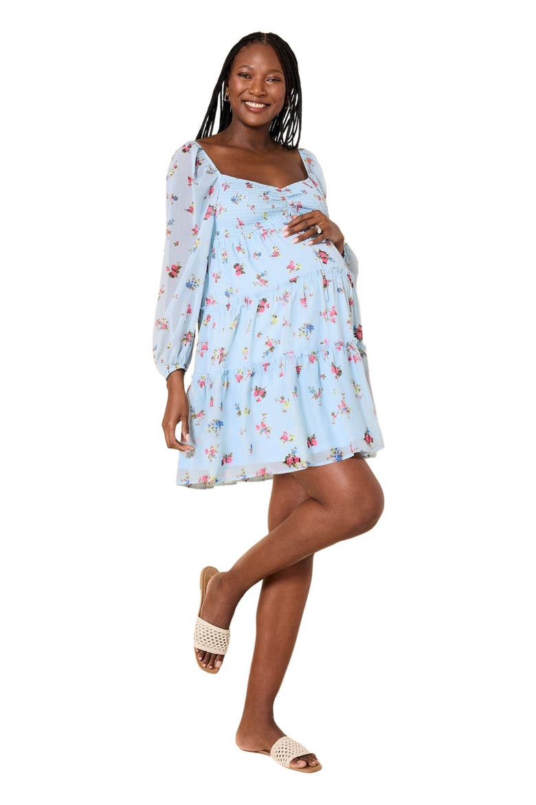 Long Sleeve Front Tie Tiered Maternity Mini Dress, Alternate, color, Skyway Ditsy Floral
