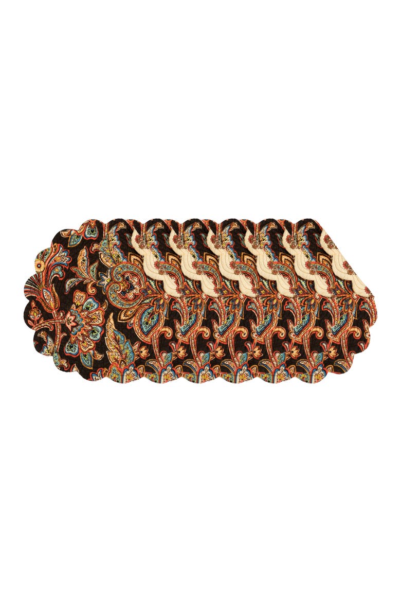 Dorothy Autumnal Brown Quilted Scalloped Paisley Floral Accents Placemats Set of 6, 17", Main, color, Brown