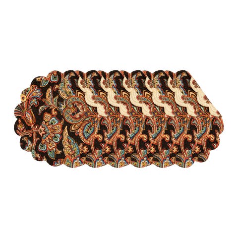 Dorothy Autumnal Brown Quilted Scalloped Paisley Floral Accents Placemats Set of 6, 17"