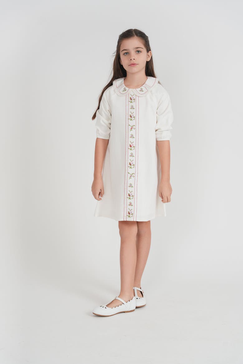 Embroidered Linen Dress with Lace Collar, Alternate, color, Ivory