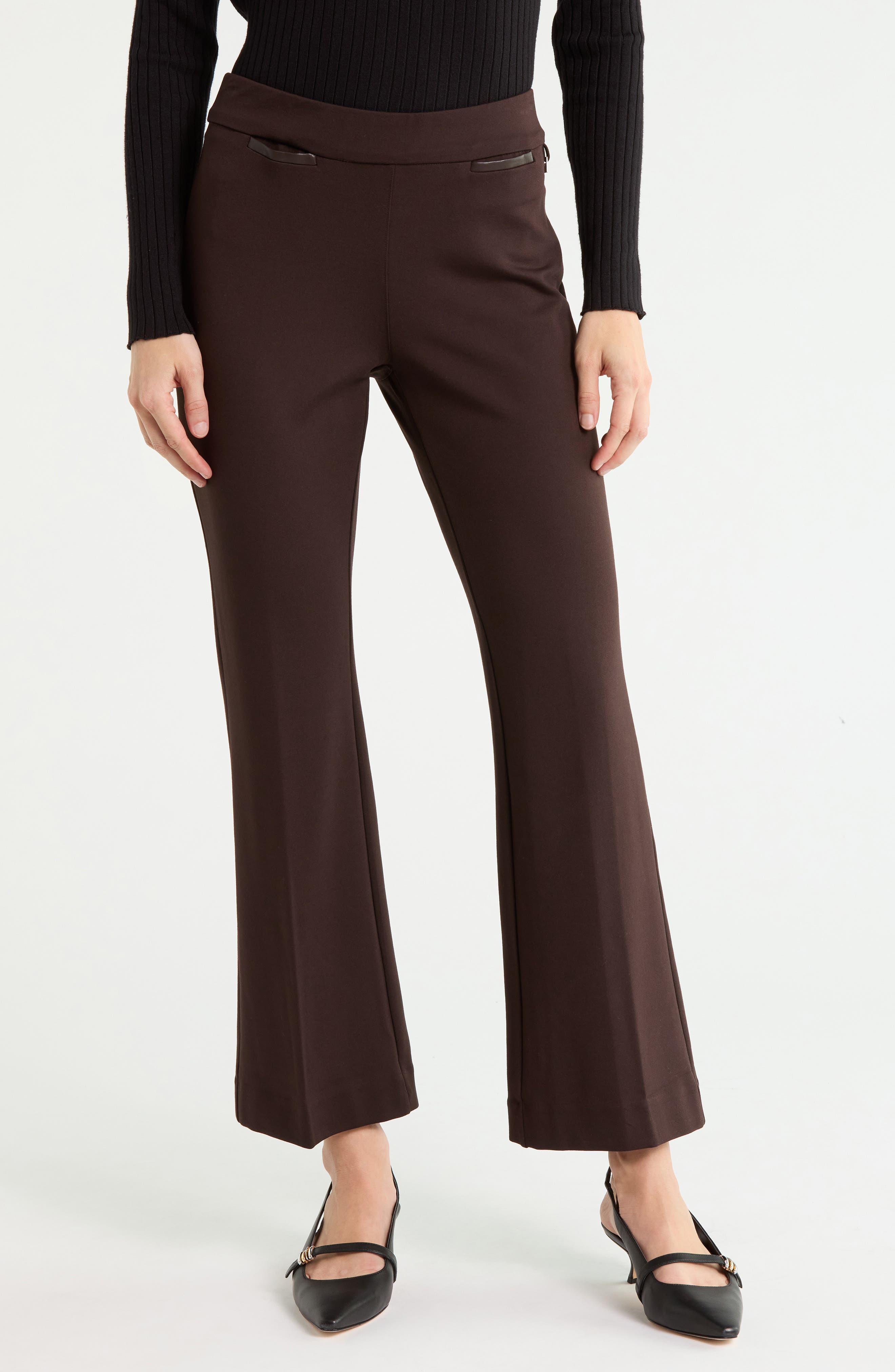 Faux Leather Trim Flare Leg Pants