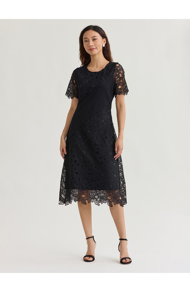 Misook Fit & Flare Lined Laced Mixed Media Midi Dress, Main, color, Black