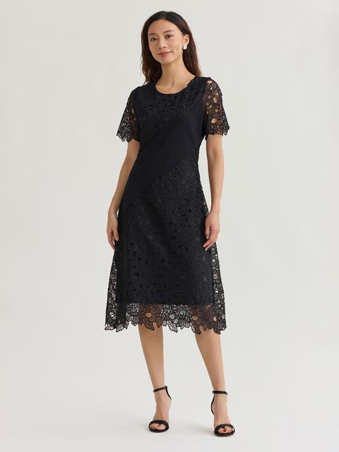 Fit & Flare Lined Laced Mixed Media Midi Dress