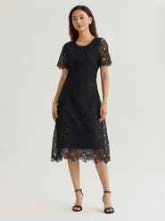 Misook Fit & Flare Lined Laced Mixed Media Midi Dress