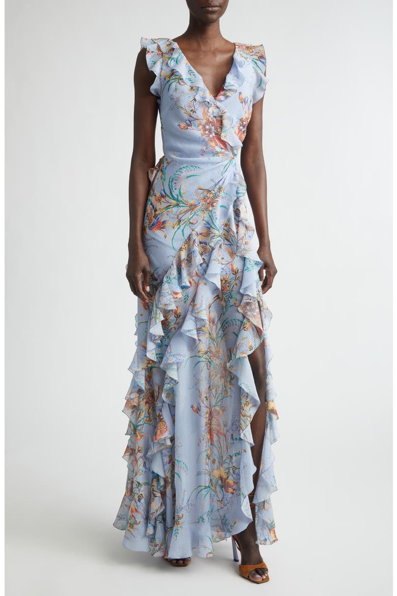 Floral Ruffled Check Jacquard Gown, Main, color, PRINT ON PALE BLUE BASE