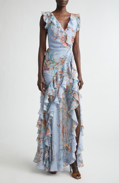 Floral Ruffled Check Jacquard Gown