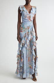Etro Floral Ruffled Check Jacquard Gown