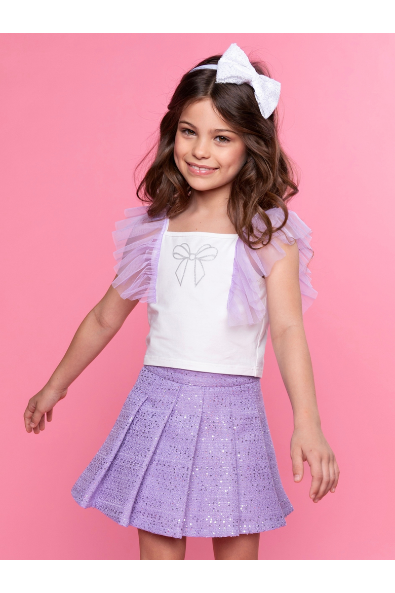 Sweet Bow Flutter Sleeve Top and Tweed Skirt Set, Alternate, color, Purple