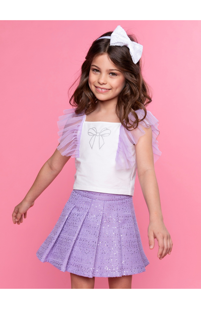 Mia Belle Girls Sweet Bow Flutter Sleeve Top and Tweed Skirt Set, Alternate, color, Purple