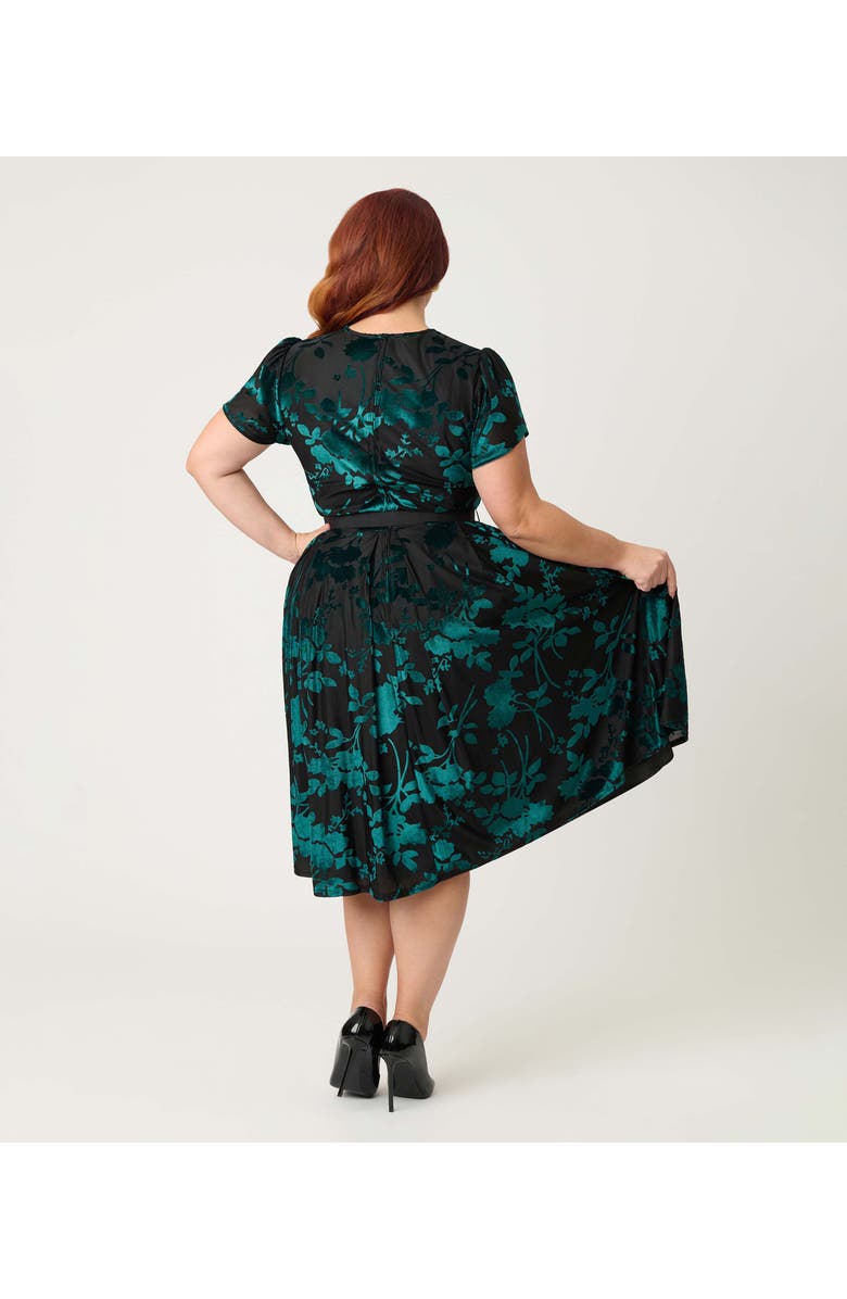 Unique Vintage Plus Size Short Petal Sleeve Tie Neck Dahlia Swing Dress, Alternate, color, Teal