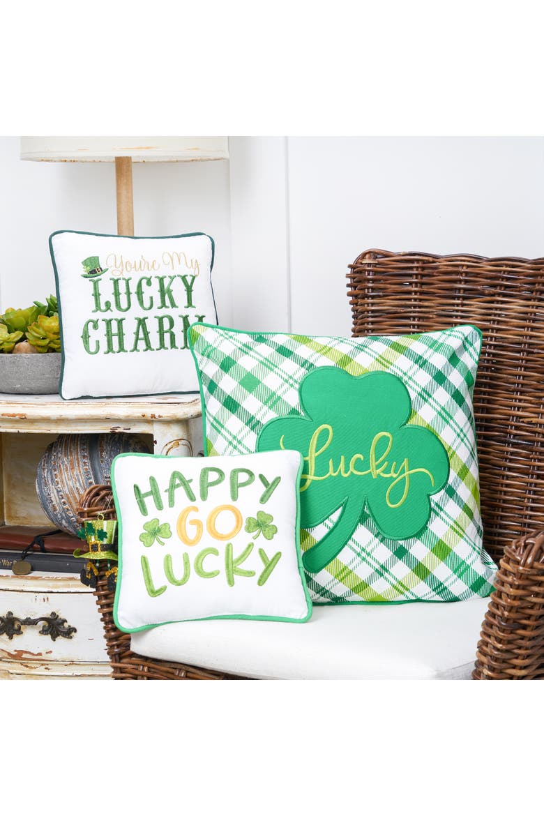 St. Patrick's Day "Happy Go Lucky" Embroidered Mini Cotton Accent Pillow, 10" x 10", Alternate, color, Green
