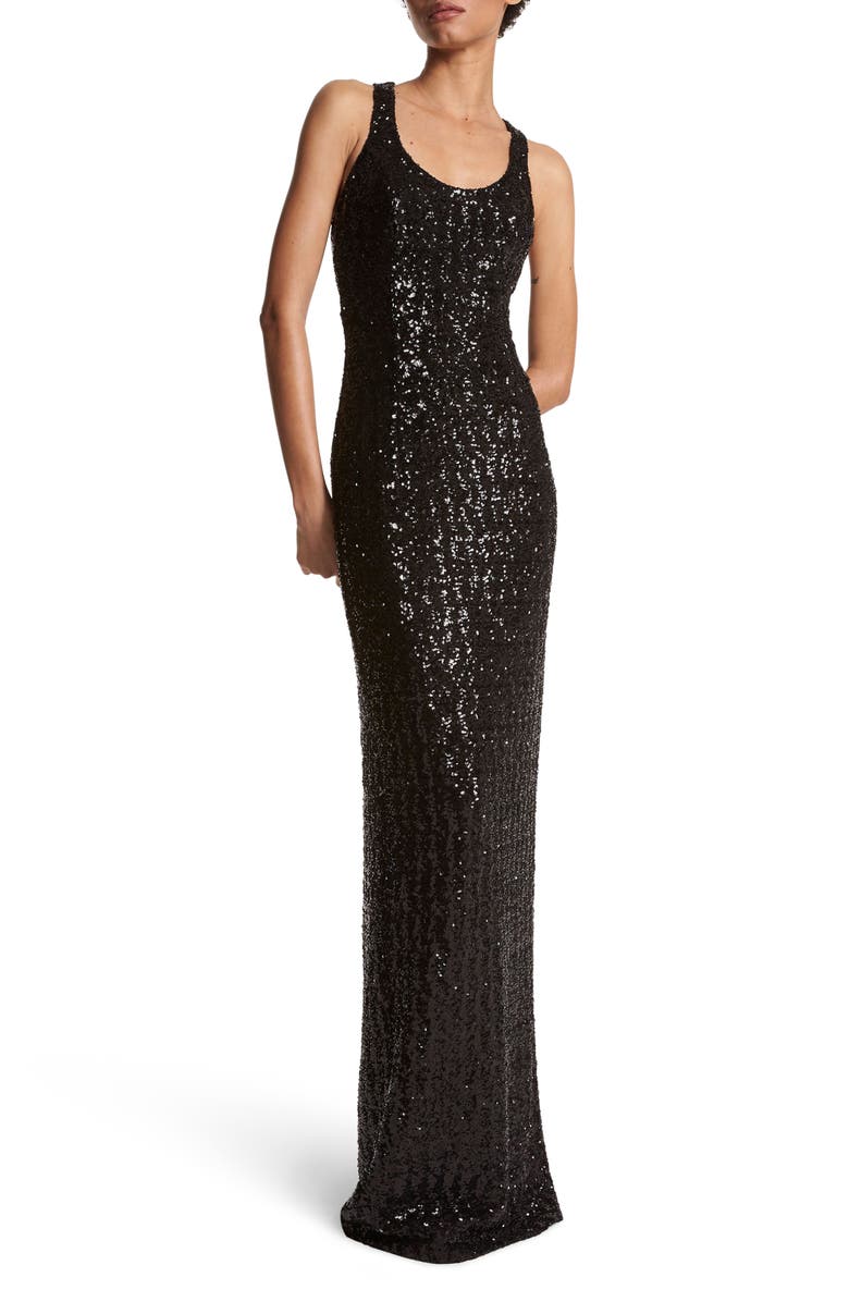Michael Kors Collection Sequin Racerback Gown, Main, color, Black