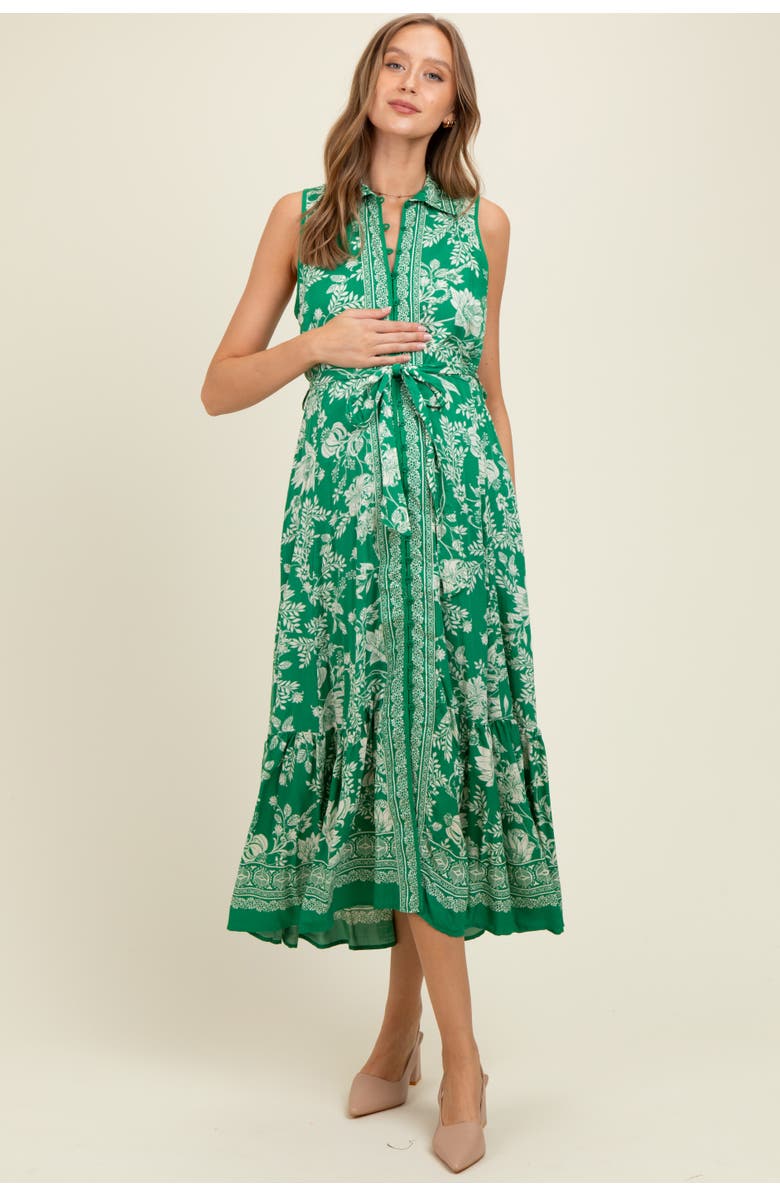 PinkBlush Floral Border Print Lapel Button Down Maxi Dress, Alternate, color, Green