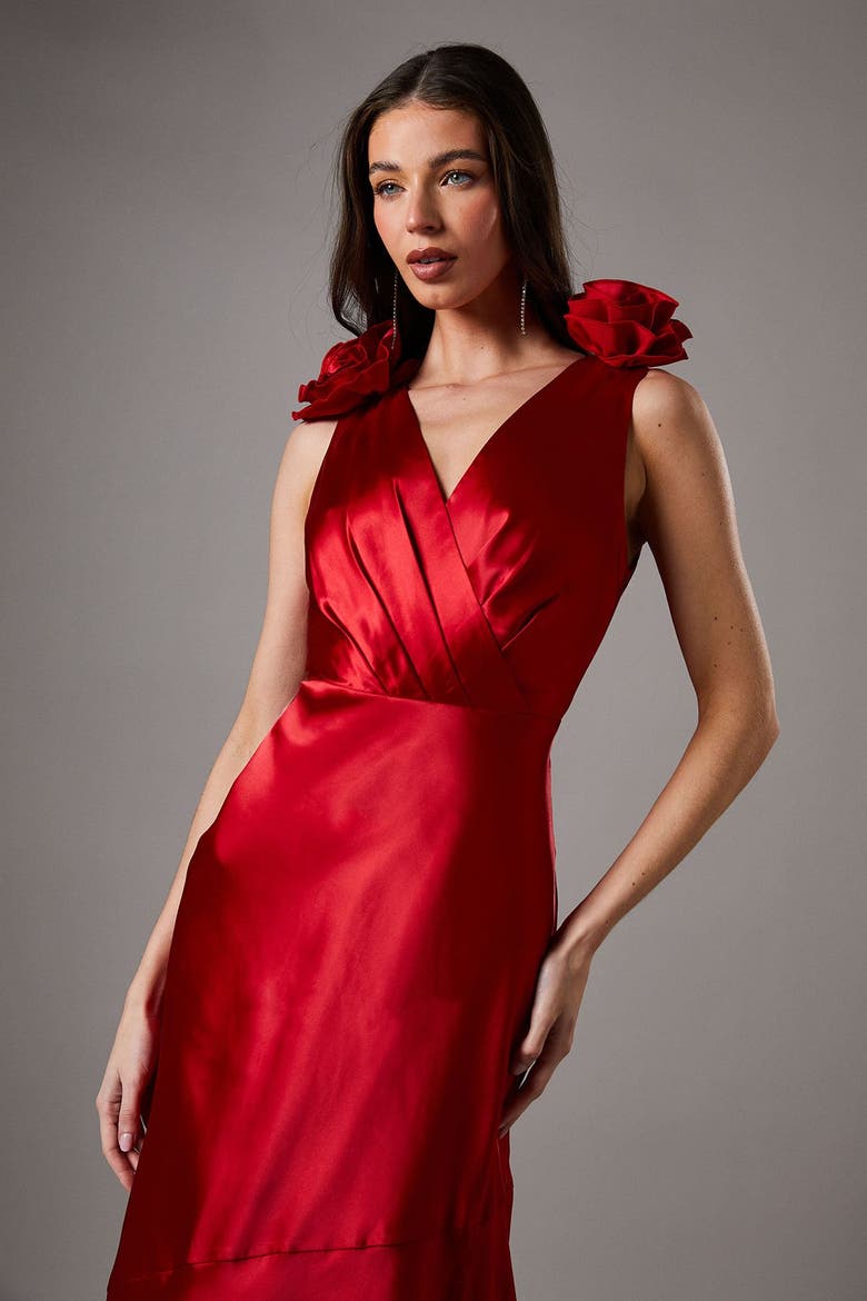 Corsage Satin V-Neck Maxi Dress, Alternate, color, Red