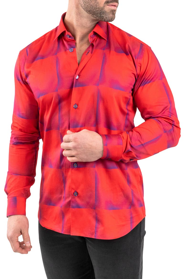 Fibonacci Tile Print Contemporary Fit Button-Up Shirt, Alternate, color, RED