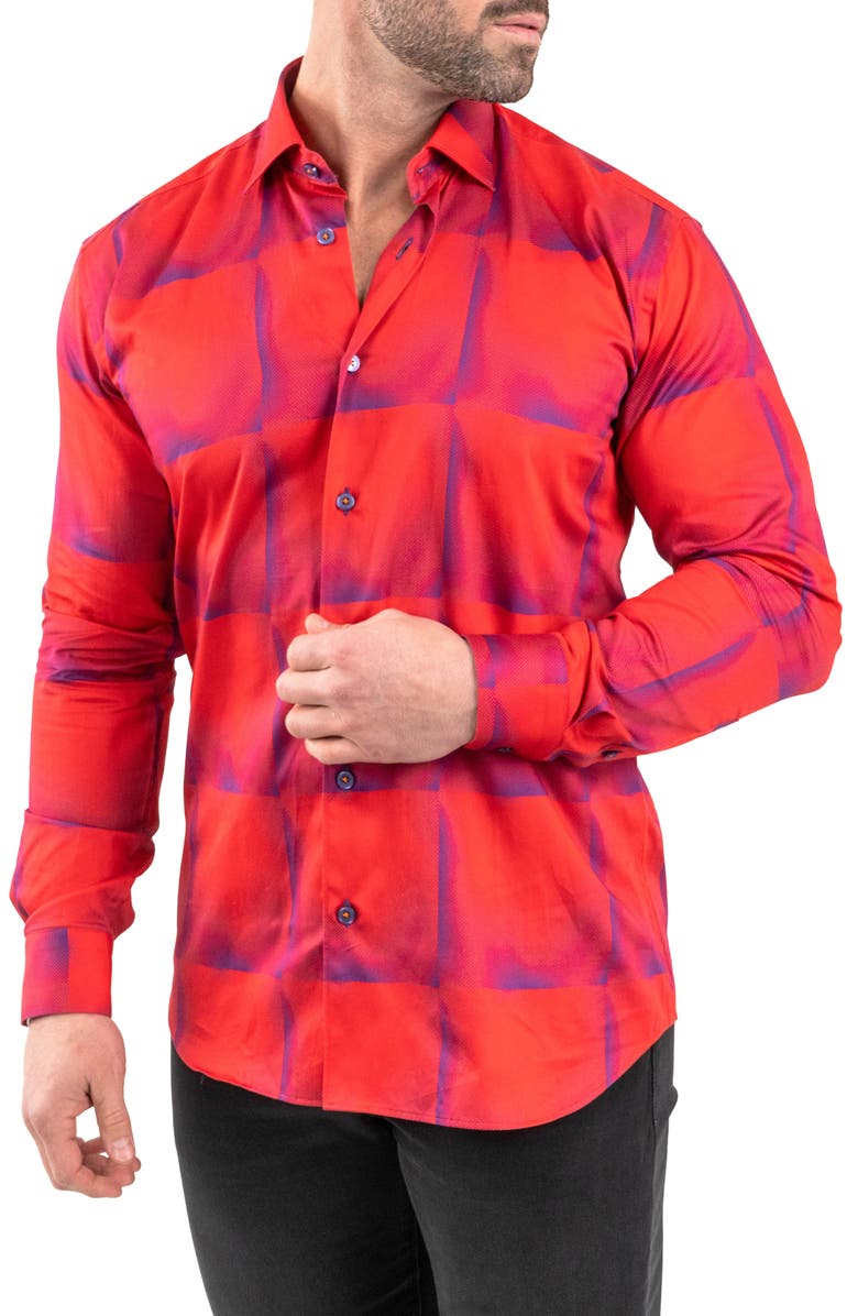 Maceoo Fibonacci Tile Print Contemporary Fit Button-Up Shirt, Alternate, color, Red