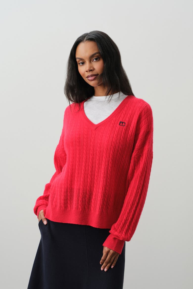 Elina Cashmere Cableknit V-Neck, Alternate, color, POPPY