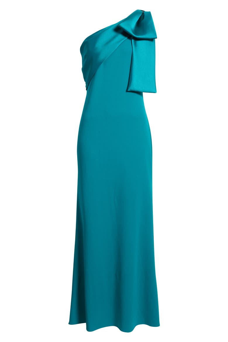 Bow One-Shoulder Crepe Mermaid Gown, Alternate, color, TEAL