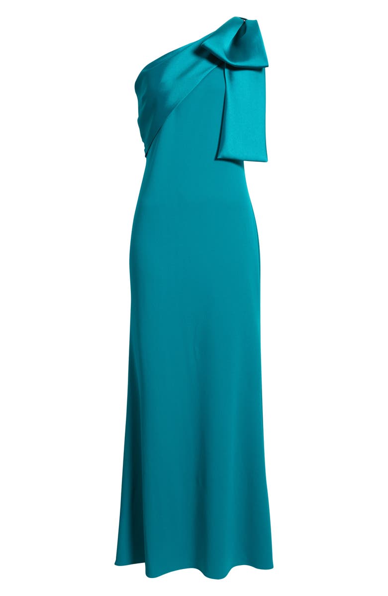 Betsy & Adam Bow One-Shoulder Crepe Mermaid Gown, Alternate, color, Teal
