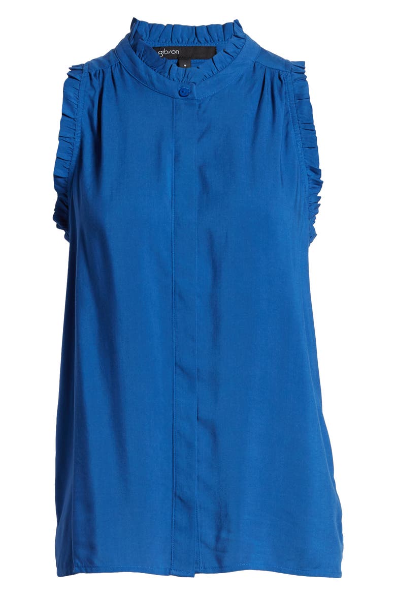 Gibson x International Women's Day Living in Yellow Ruffle Trim Front Button Sleeveless Top, Alternate, color, DEEP BLUE