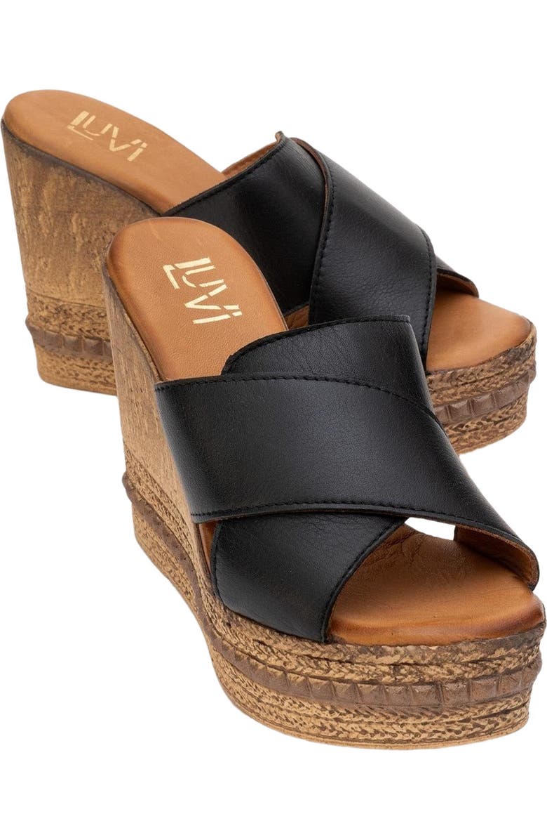 Forever & Always Shoes Lois Wedge Leather Sandal, Main, color, Black Leather