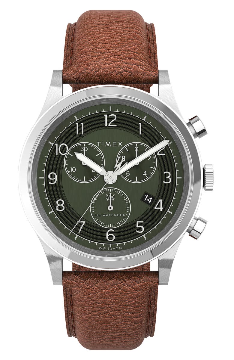 Timex<sup>®</sup> Waterbury Traditional Chronograph Leather Strap Watch, 42mm, Main, color, 