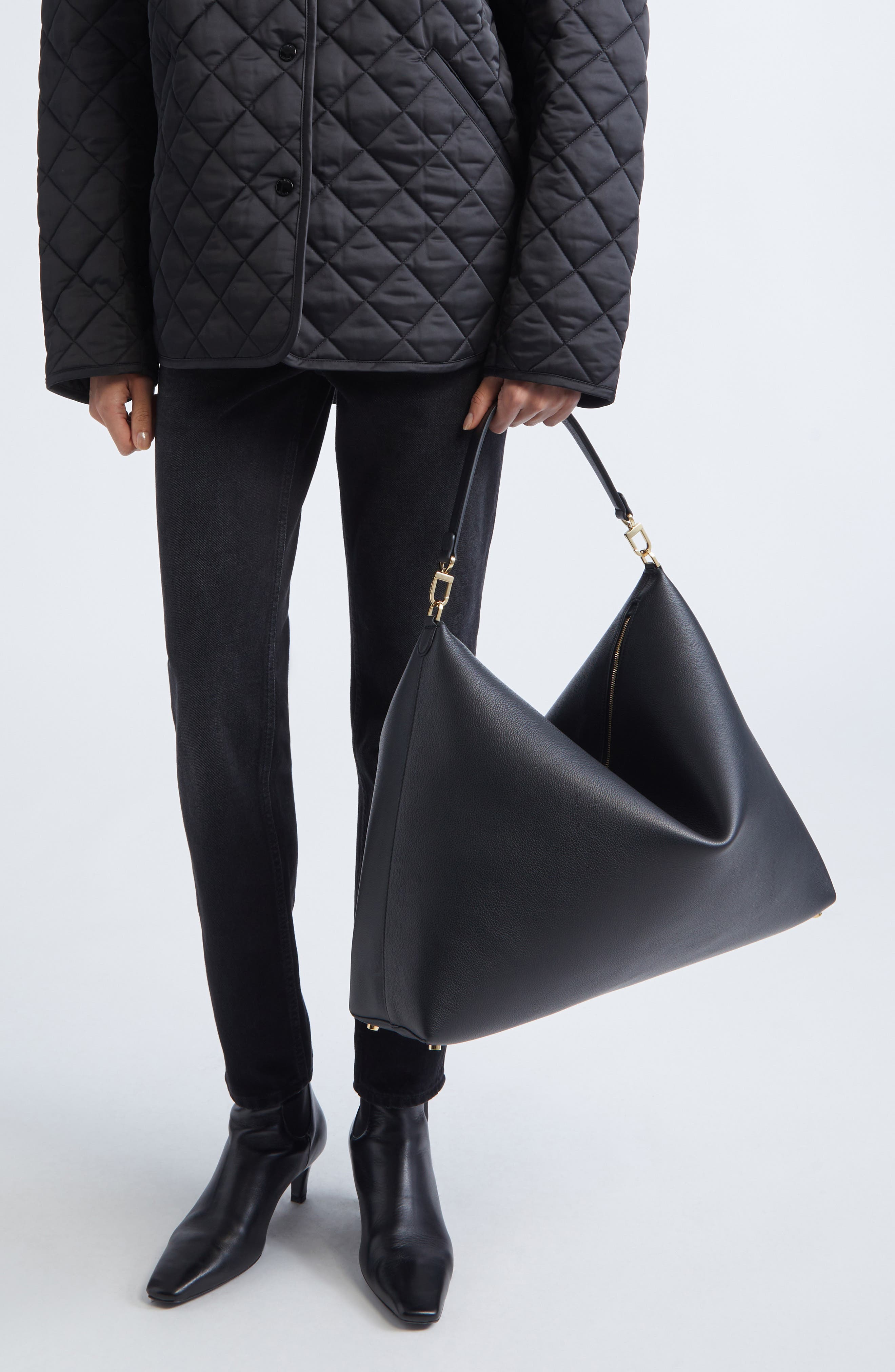 TOTEME Bevel Grained Leather Shoulder Bag, Alternate, color, Black