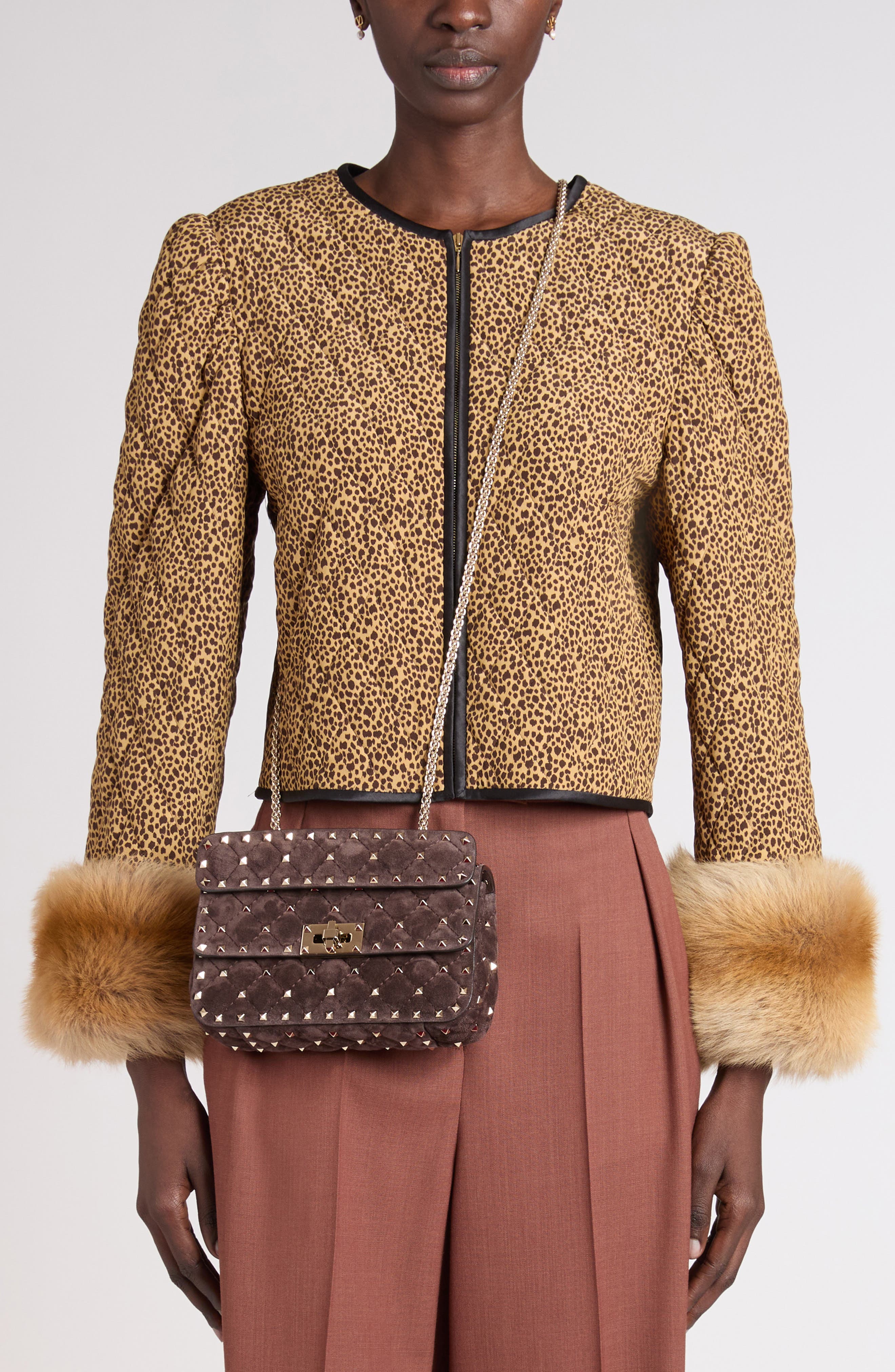 Small Rockstud Spike Leather Shoulder Bag, Alternate, color, BROWN