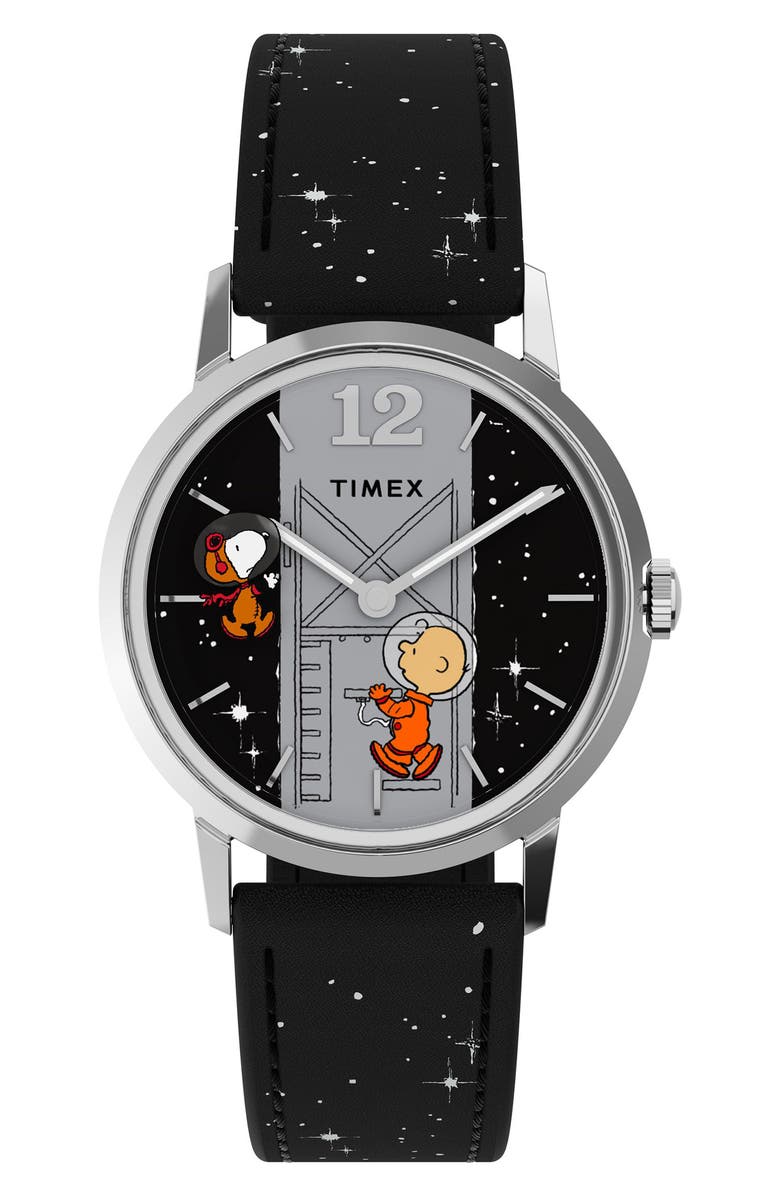 Timex<sup>®</sup> x Peanuts Marlin<sup>®</sup> Space Synthetic Strap Watch, 34mm, Main, color, Black