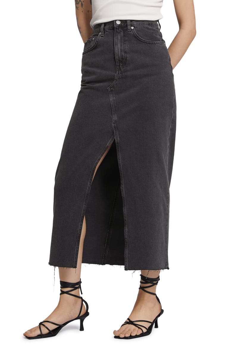 Denim Raw Hem Midi Skirt, Main, color, BLACK WASHED