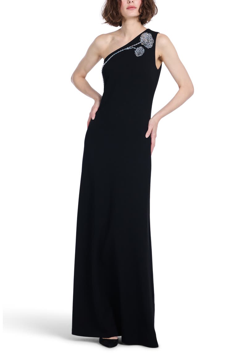 Crystal One-Shoulder Stretch Crepe Gown, Alternate, color, BLACK