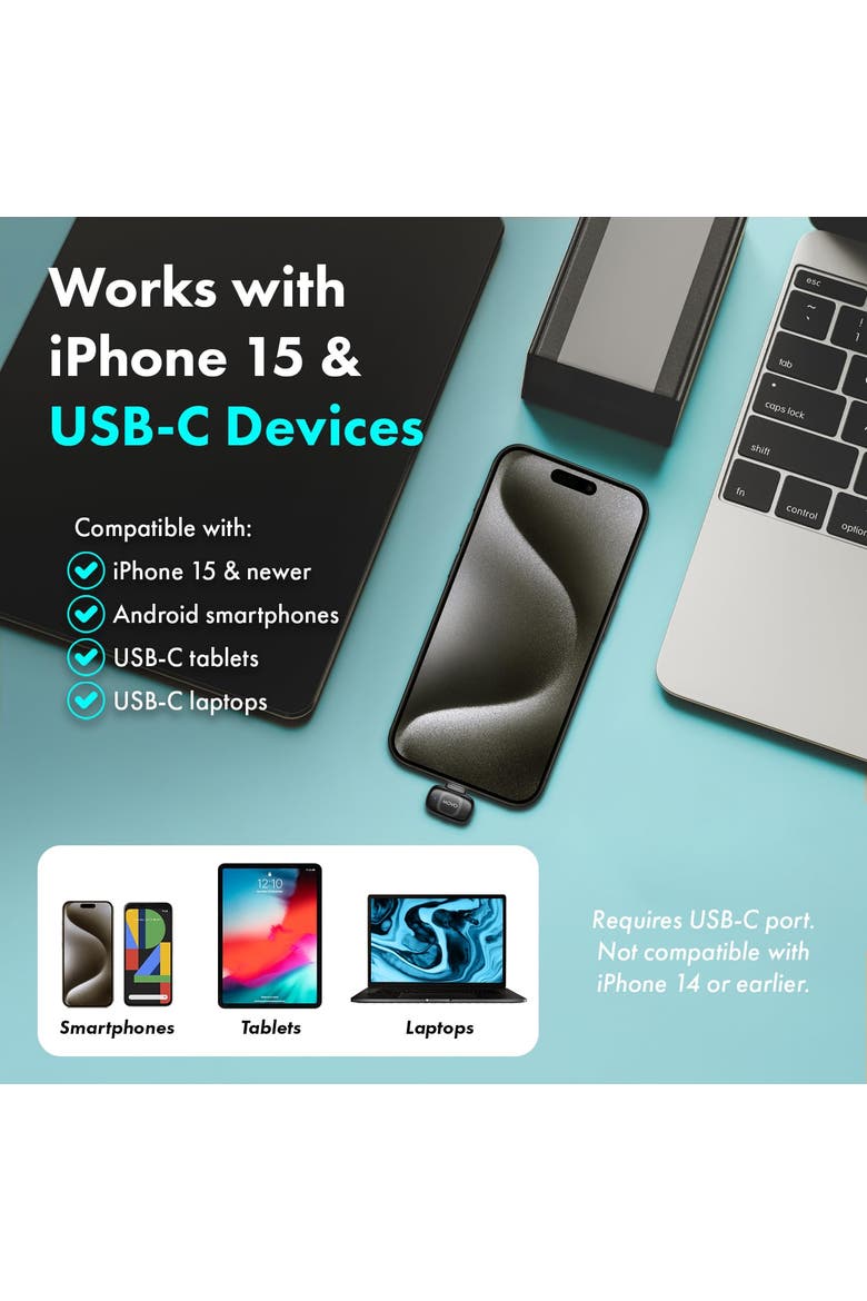 NanoMic Dual USB-C Wireless Microphone for iPhone 15/16 and Up with Wireless Mic Handle, Alternate, color, Black