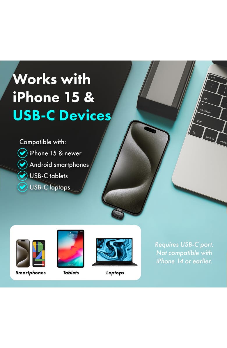 MOVO NanoMic Dual USB-C Wireless Microphone for iPhone 15/16 and Up with Wireless Mic Handle, Alternate, color, Black