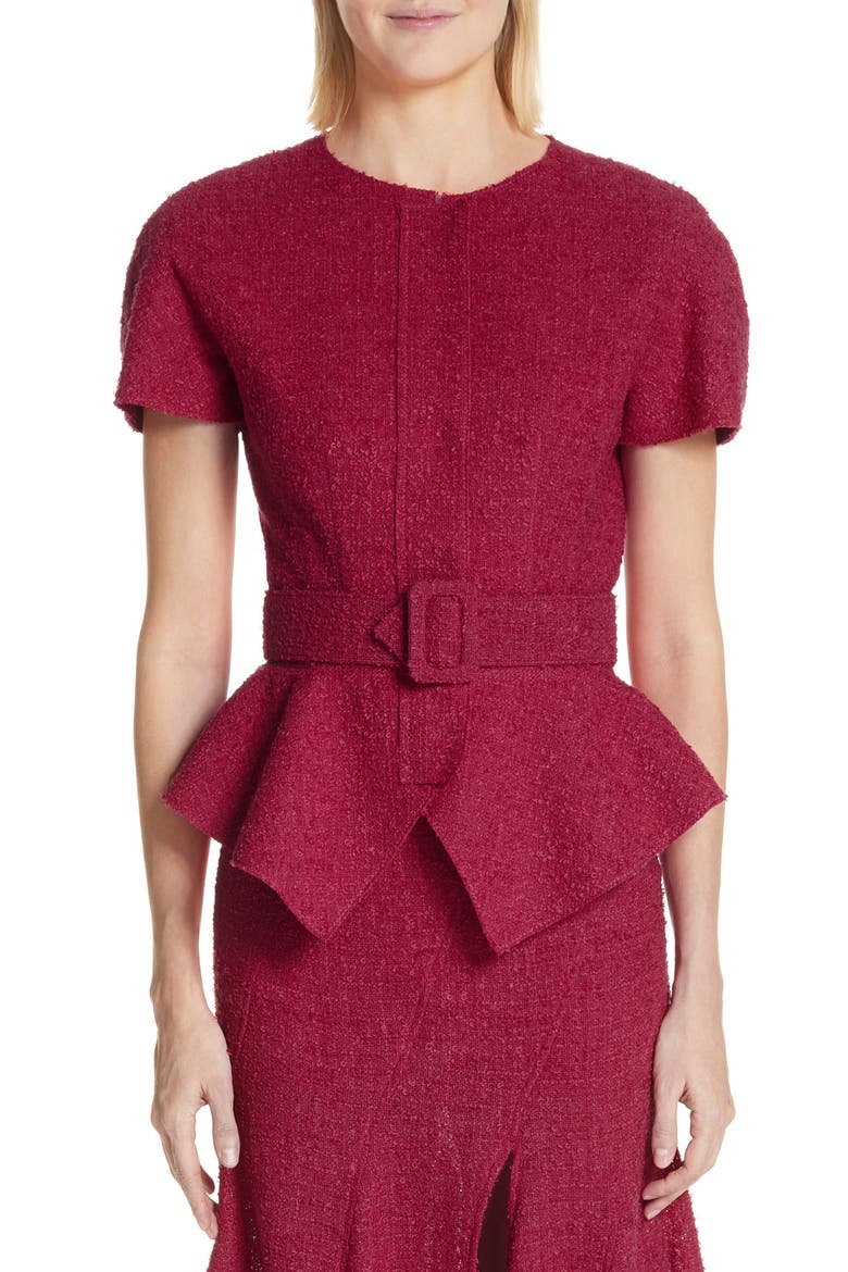 Belted Peplum Wool Blend Tweed Jacket, Main, color, RASPBERRY