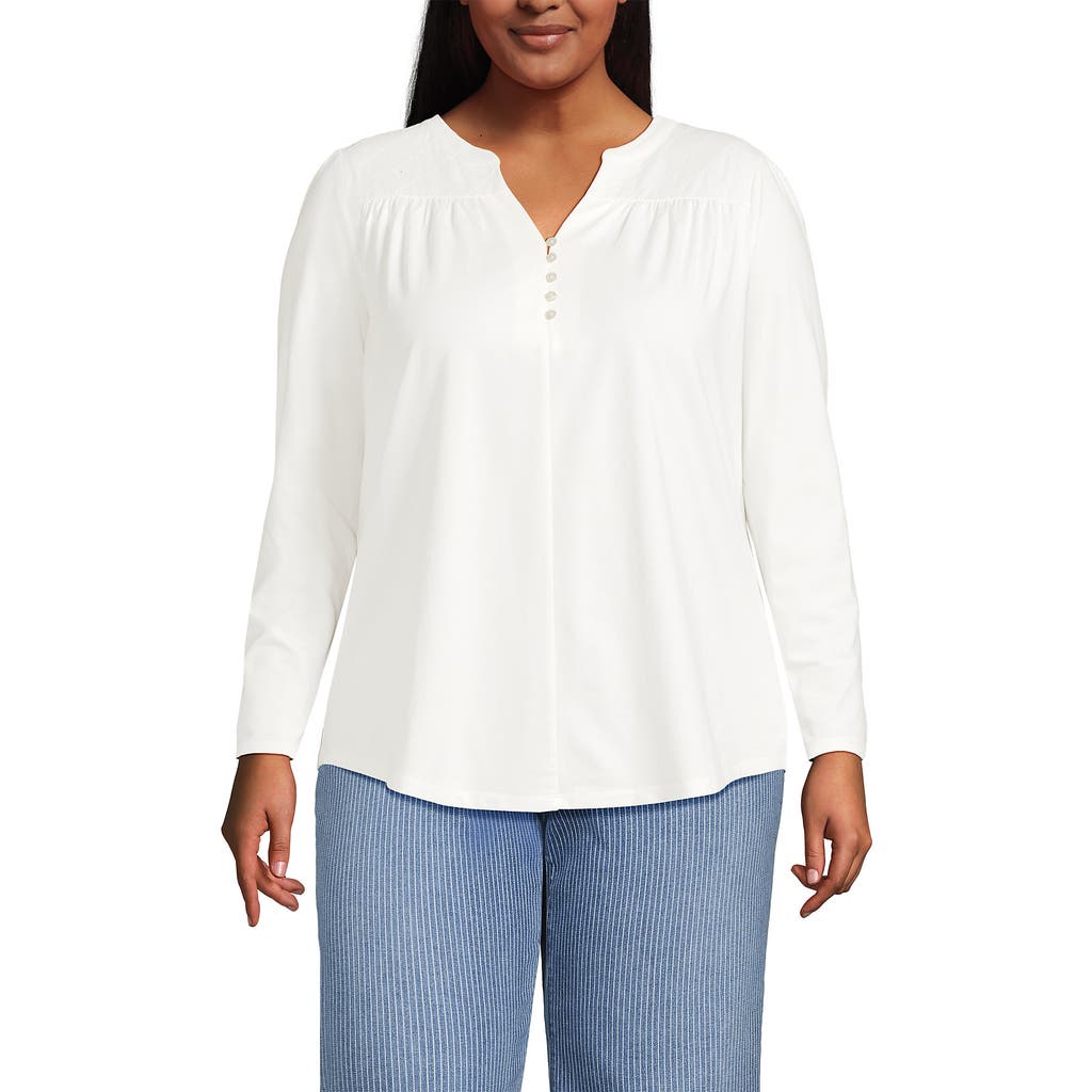 Lands' End Long Sleeve Lightweight Jersey Notch Neck Tunic Top In White