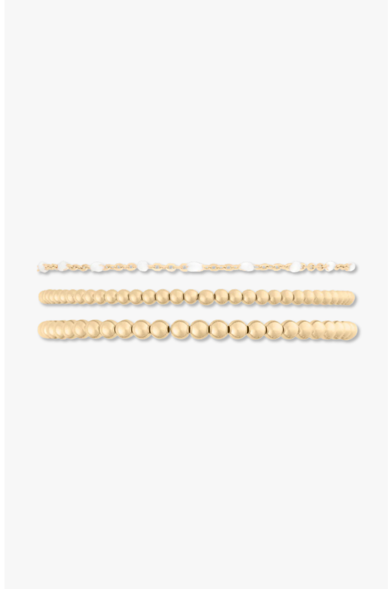 Bead and White Enamel Chain 14k Gold Filled Bracelet Three Stack, Main, color, Gold