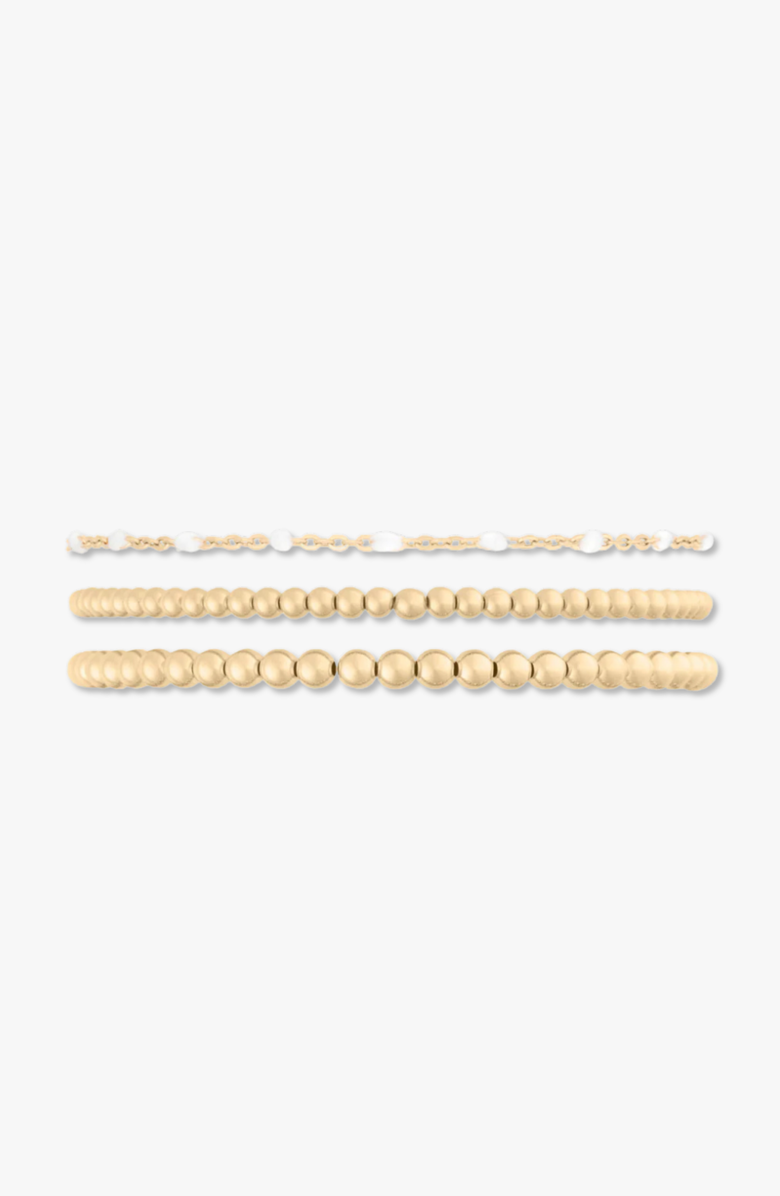 CUFFED BY NANO Bead and White Enamel Chain 14k Gold Filled Bracelet Three Stack, Main, color, Gold
