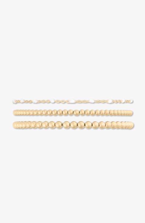Bead and White Enamel Chain 14k Gold Filled Bracelet Three Stack
