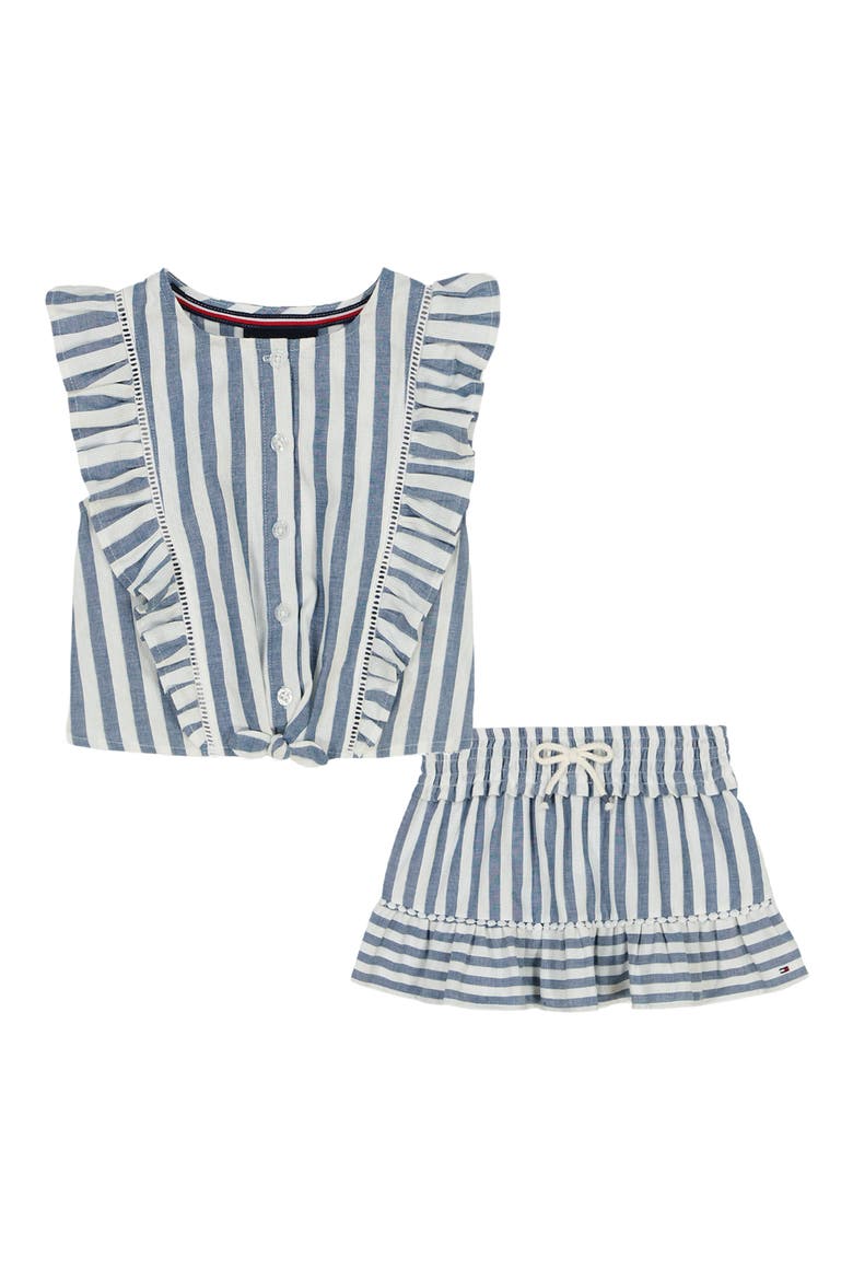 Kids' Stripe Cotton Ruffle Top & Skirt Set, Main, color, BLUE