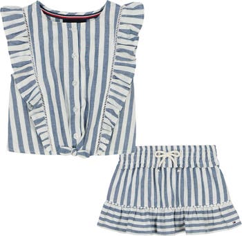 Kids' Stripe Cotton Ruffle Top & Skirt Set