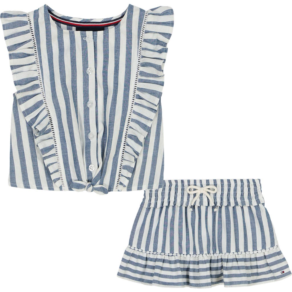 Tommy Hilfiger Kids' Stripe Cotton Ruffle Top & Skirt Set In Blue