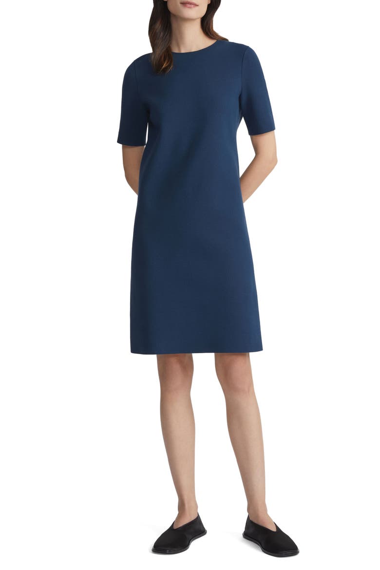 Short Sleeve Matte Crepe Shift Dress, Alternate, color, LIDO BLUE