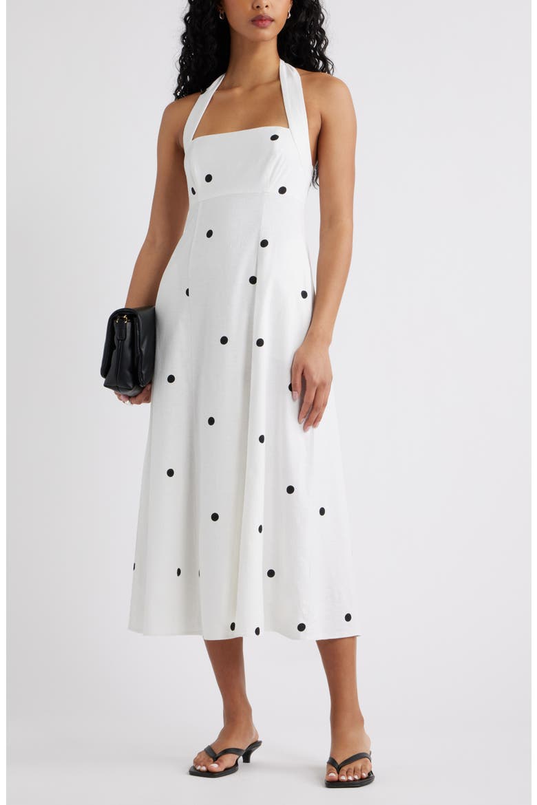 Linen Blend Halter Midi Dress, Alternate, color, WHITE- BLACK GRANDE DOT