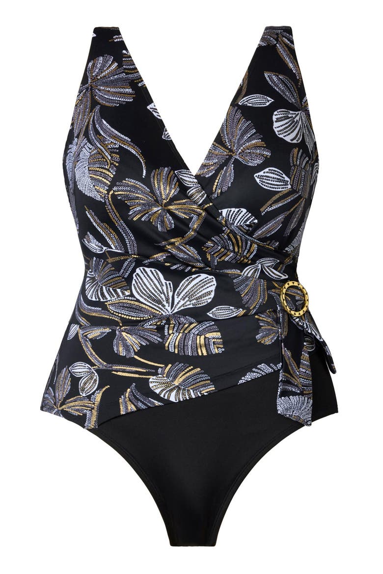 Buckle Shirred Surplice Long Torso One-Piece Swimsuit, Alternate, color, Gilded Garden
