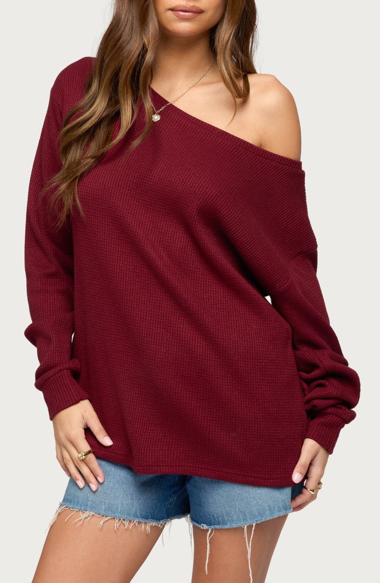 EDIKTED Damari Waffle Stitch One-Shoulder Knit Top, Main, color, Burgundy