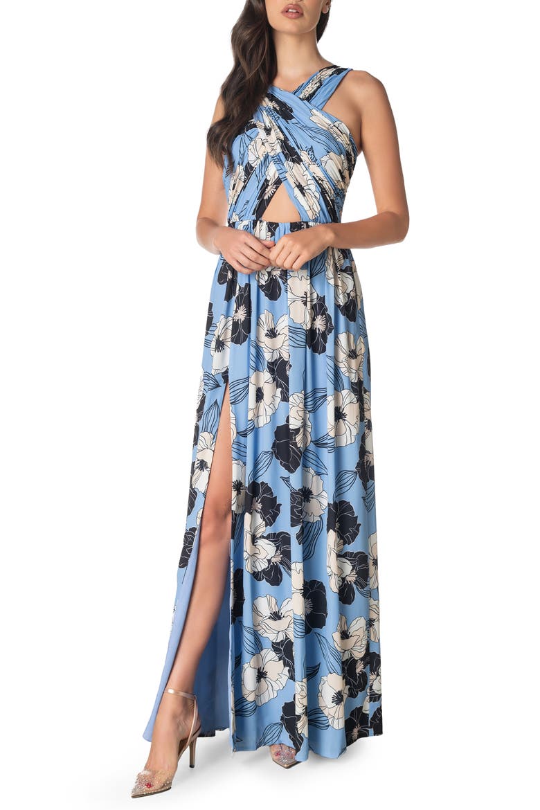 Rose Print Cutout Maxi Dress, Main, color, SKY MULTI